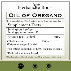 Herbal Roots OIL OF OREGANO PROMOTES GUT HEALTH & IMMUNE SYSTEM 150mg - 90 Softgels High Potency