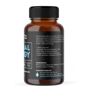 Ancestral Nutrition Primal Energy 100% Australian Grass-Fed Organic Beef Liver Capsules 500mg (120 Capsules)