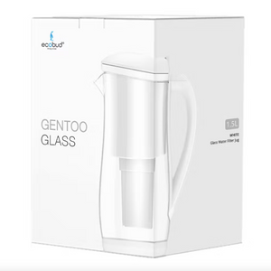 Ecobud Gentoo Glass Alkaline Water Filter Jug in White 1.5L (with 1 x Filter Cartridge Included)