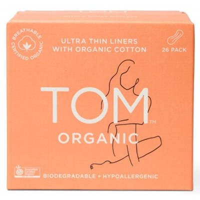 TOM Organic 100% Organic Cotton Ultra-Thin Wingless Panty Liners Everyday (26-Pack) *RUN OUT SALE*